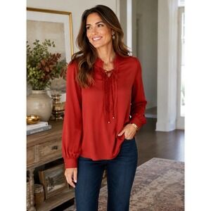 Chicos Size 2 Rust Satin Ruffle Neck Tie Blouse Long Sleeve Peasant Top 12/14
